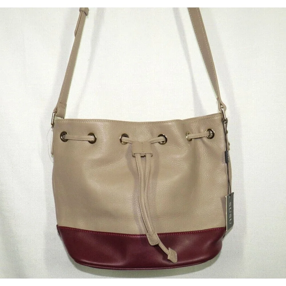SUSU Leather Bucket Bag Beige Wine Crossbody Shoulder Bag
